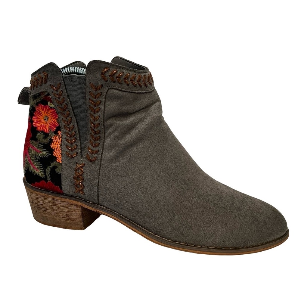 Women's Gray Embroidered Floral Ankle Booties Western Boho Low Heel